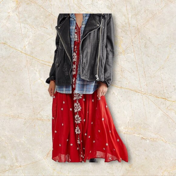 Free People Rock n Roll Red Embroidered Maxi Dress XS (NWT) • Boho Festival Godd - Picture 6 of 8